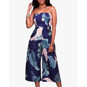 NEW Strapless Tropical Leaf Print Jumpsuit Wide Leg Crop Pant S 4/6